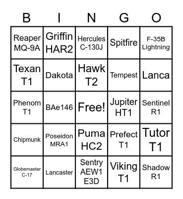 Aircraft Bingo Card