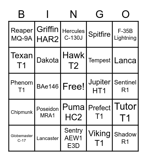 Aircraft Bingo Card