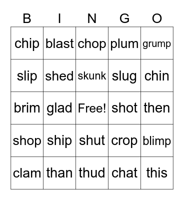 Blends and Digraphs Bingo Card