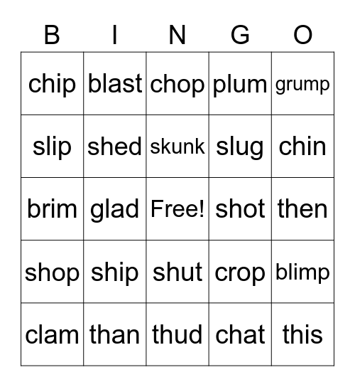Blends and Digraphs Bingo Card