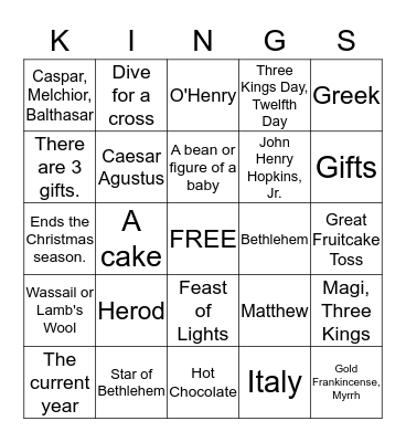 Epiphany Bingo Card