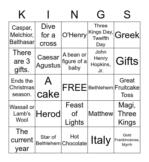 Epiphany Bingo Card