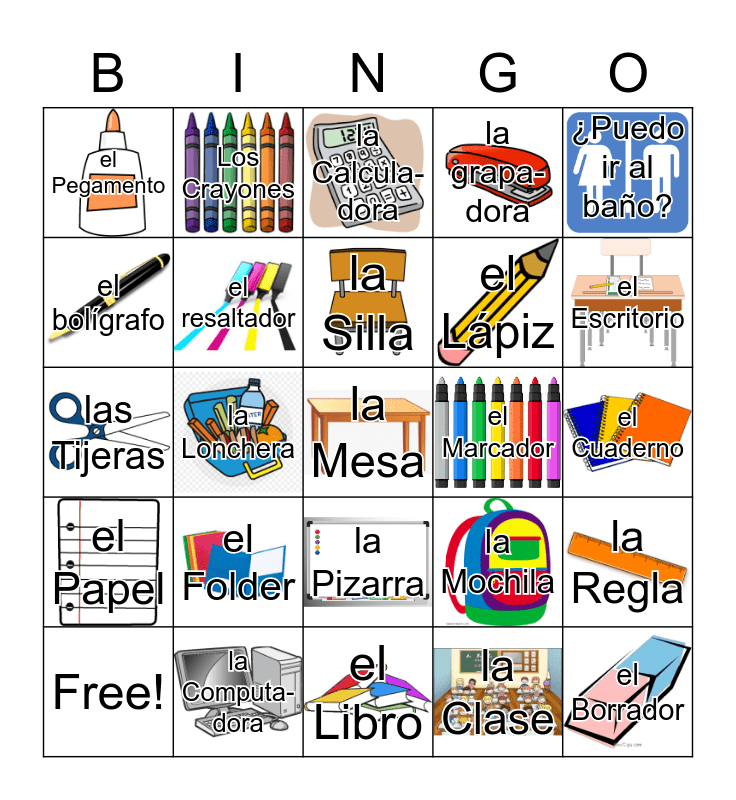 School Supplies In Spanish Bingo Card