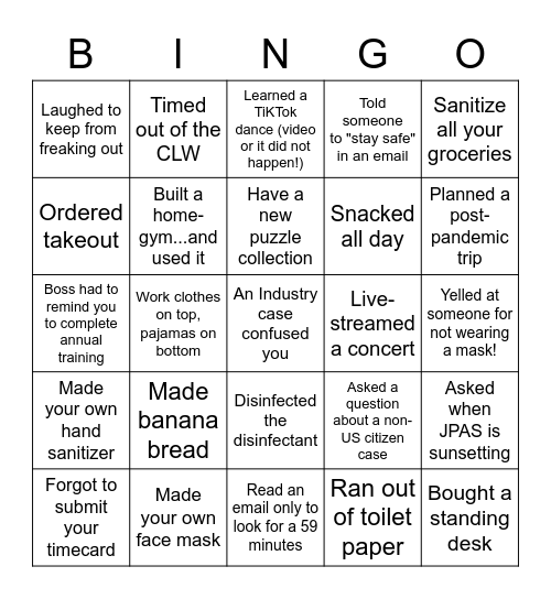 CAF Pandemic Bingo Card