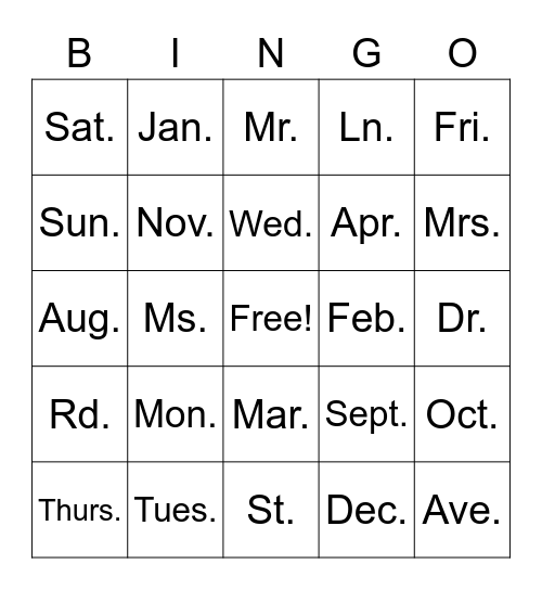 Abbreviation BINGO! Bingo Card