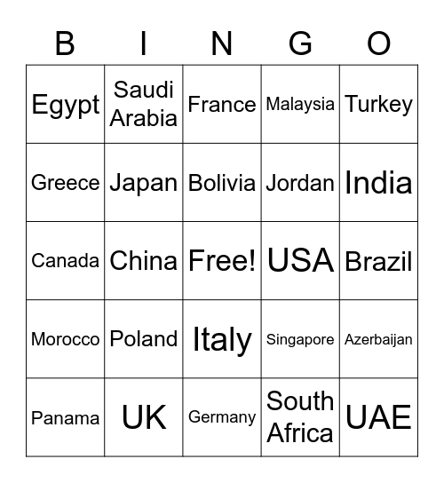 Countries Bingo Card