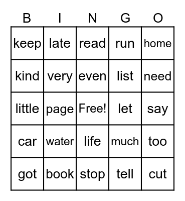 Sight Words Bingo Card