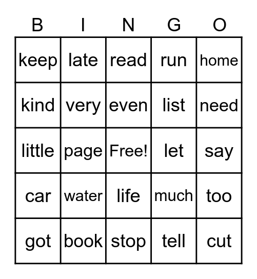 Sight Words Bingo Card