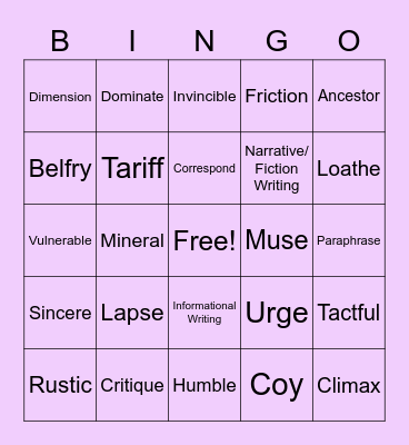 January Vocab Bingo! Bingo Card