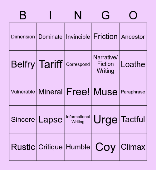 January Vocab Bingo! Bingo Card