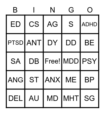 MENTAL HEALTH DISORDERS Bingo Card