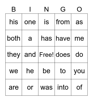 Sight Words Bingo Card