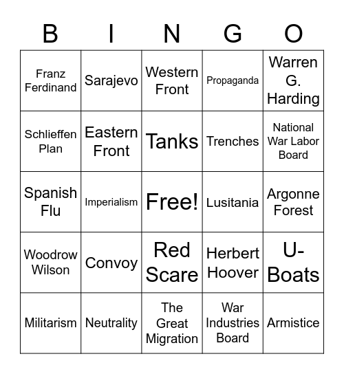 America in WWI Bingo Card