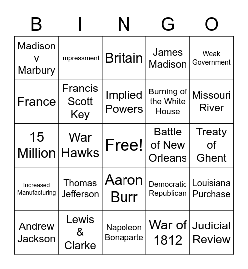 Jefferson & Madison's Presidency Bingo Card