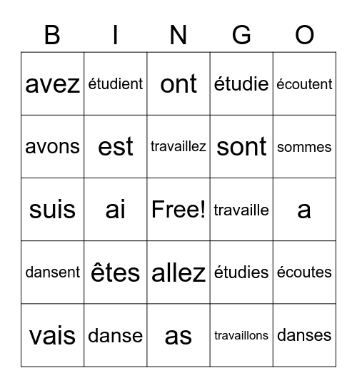 -er verbs, avoir, être Bingo Card