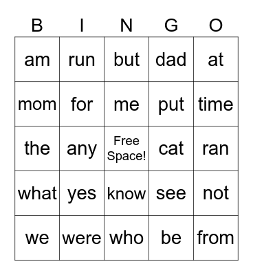 Sight Word Bingo Card