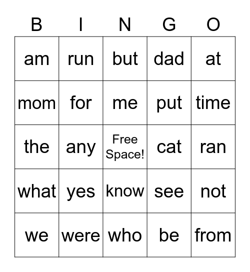 Sight Word Bingo Card