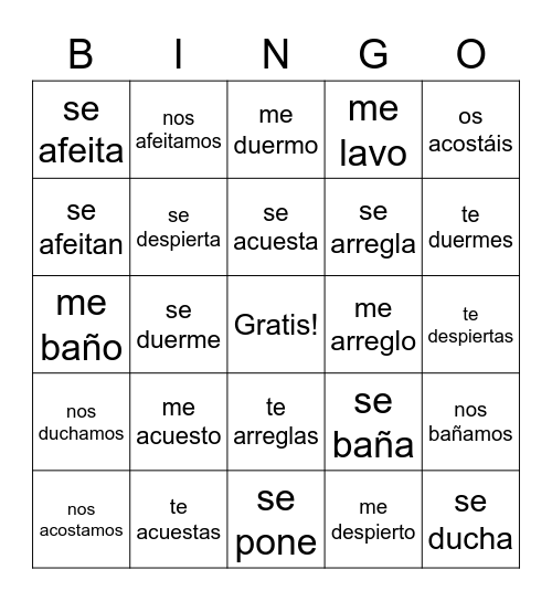 reflexive verbs Bingo Card