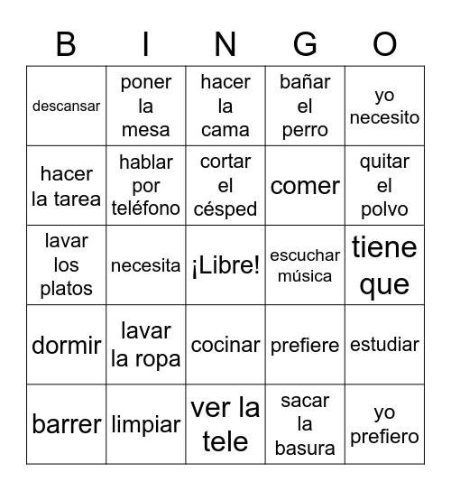 Los Quehaceres y Actividades de Casa Bingo Card