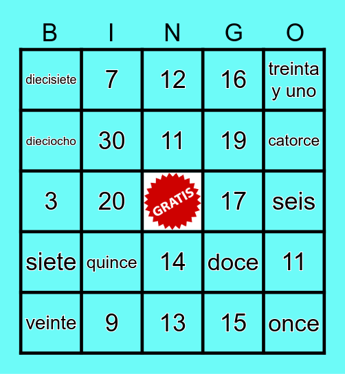 Spanish 1 - Period 1 - Numeros 1 - 30 Bingo Card