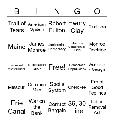 James Monroe and Andrew Jackson Bingo Card