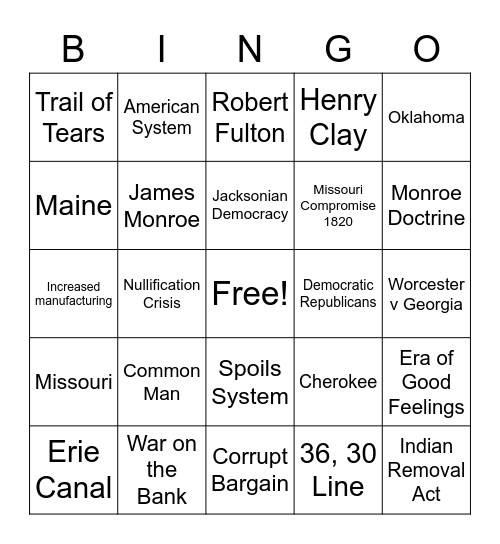 James Monroe and Andrew Jackson Bingo Card