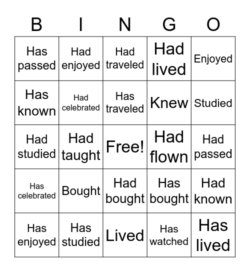 Tense Usage Bingo Card