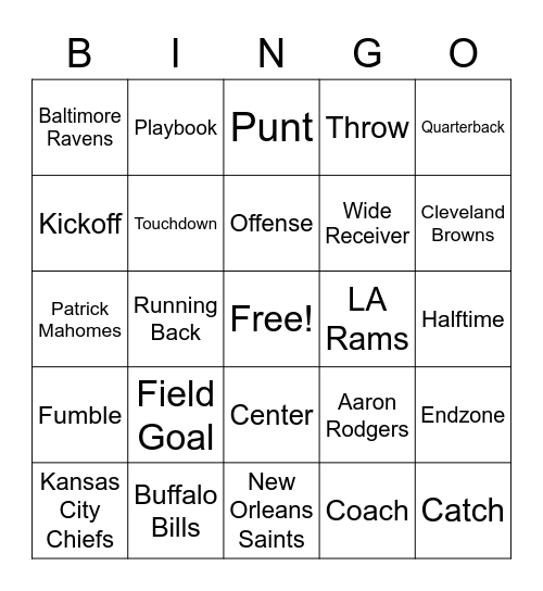 Huffman Football Bingo Card