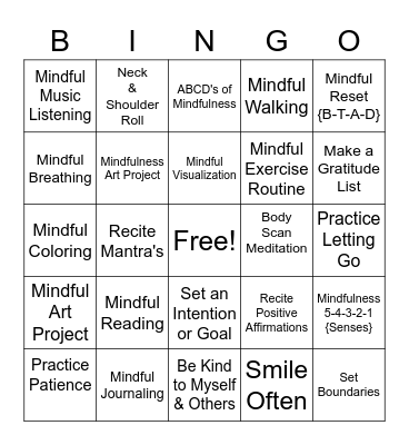 Mindfulness Bingo Card