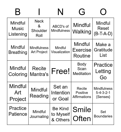 Mindfulness Bingo Card