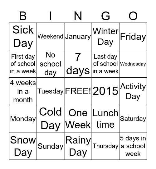 Days of the Week Bingo Card