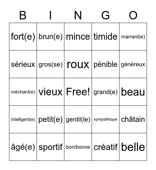 To talk about and describe people : French adjectives Bingo Card