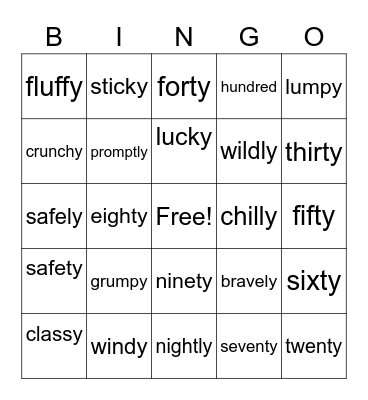 ty and ly as a suffix Bingo Card