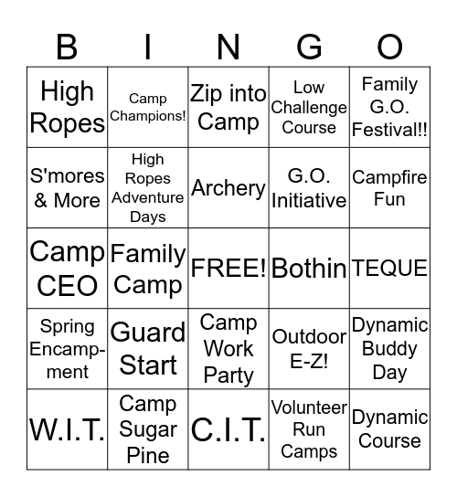 G.O. Initiative - Outdoor Program Bingo Card