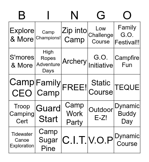 G.O. Initiative - Outdoor Program Bingo Card