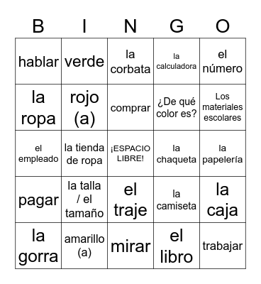 Capítulo 3 - Vocabulario Bingo Card