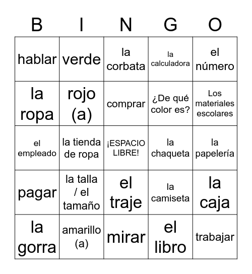 Capítulo 3 - Vocabulario Bingo Card