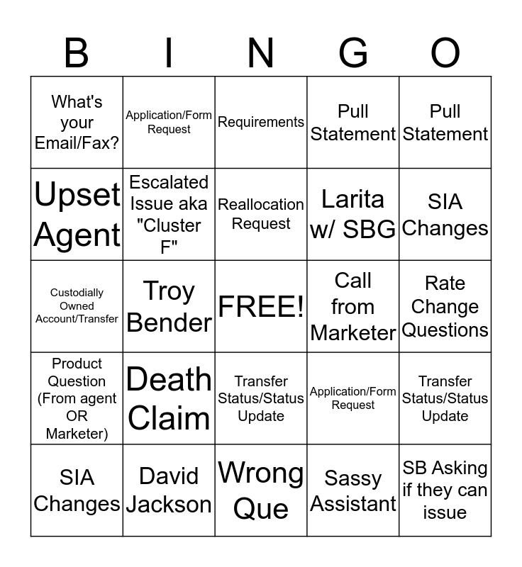 Phone Call Bingo! Bingo Card