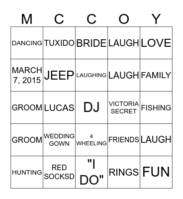 NICOLE AND LUCAS MCCOY BRIDAL SHOWER Bingo Card