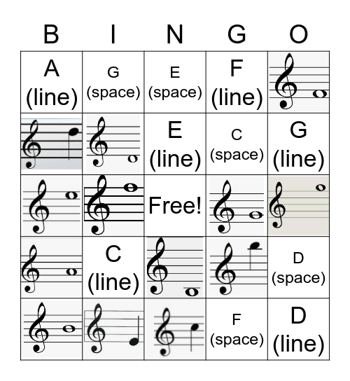 Treble Clef Notes Bingo Card