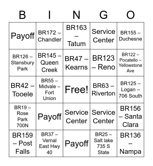 BRANCH-O Bingo Card
