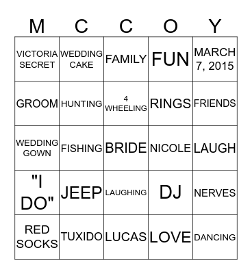 NICOLE AND LUCAS MCCOY BRIDAL SHOWER Bingo Card