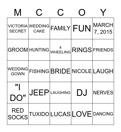 NICOLE AND LUCAS MCCOY BRIDAL SHOWER Bingo Card