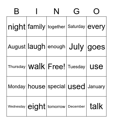 Trick Word Bingo Card