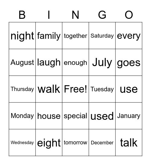 Trick Word Bingo Card