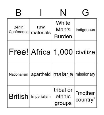 Scramble for Africa Bingo Card