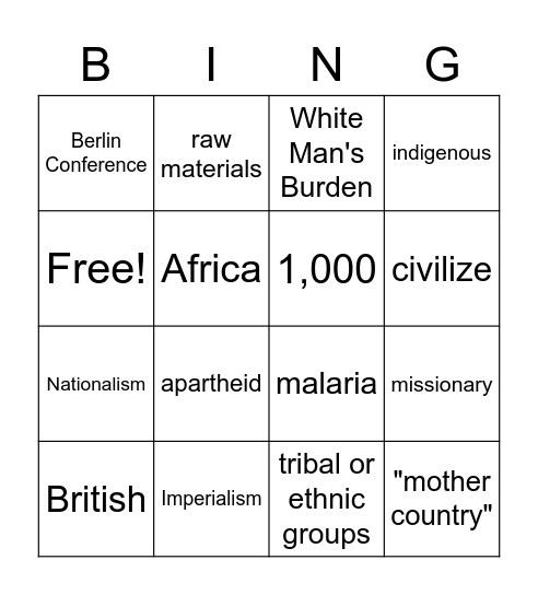 Scramble for Africa Bingo Card