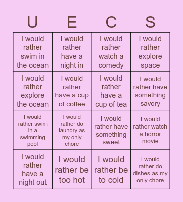 Would You Rather ? Bingo Card