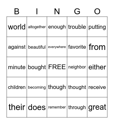 Hard Sight Words Bingo Card