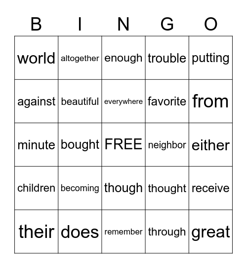 Hard Sight Words Bingo Card
